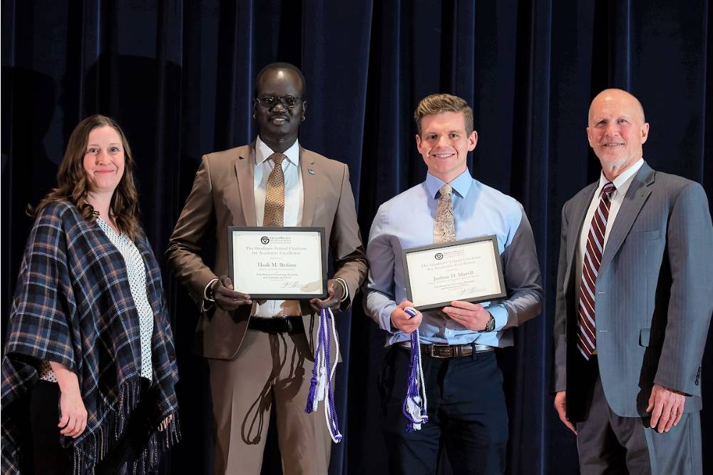2Group photo of the awardees for Excellence in Promoting Diversity and Inclusion at GVSU with Dr. Amy Campbell (far left) and Dr. Jeffrey Potteiger (far right).